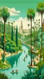 Placeholder: Bosch paint style nightmare, a city with green date palms trees and river and people
