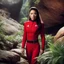 Placeholder: A young Star Trek ensign, donning a red uniform, experiences fear during her first away mission. Hiding beneath a large rock, she exudes a mix of curiosity and anxiety. Though disheveled and dirtied, her determination shines through as she clings to her tricorder. Seeking safety, she peeks out from her hiding place, surrounded by alien flora and fauna.