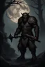 Placeholder: Fierce Bugbear warrior in chainmail armor, wielding a massive halberd, standing in a dark, misty forest with gnarled trees and eerie moonlight, high fantasy style, hyper-detailed, dark and moody color palette