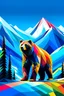 Placeholder: grizzly bear on skis with mountains in background in a cubism style with a lot of bold colour