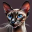 Placeholder: beautiful blue eyed, tall ,long legged, slender, elegant, sophisticated, sphynx-like chocolate point siamese cat expressionism pointillism style