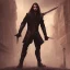 Placeholder: Male, Human, dark long hair, Black Eyes, Young, Photorealism, Full Body Shot, City Background, sharp focus, dark, black, steampunk, sword