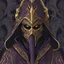 Placeholder: warlock, golden mask , black robe with ash purple patterns, dark, ominous, ash purple, grey background