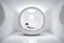 Placeholder: realistic photograph futuristic pod, ceramic aluminum orb pod with window. white walls and hands.