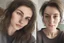 Placeholder: A selfie of a brunette woman, middle short hair, showing a 27-year-old European woman. She has white skin, tousled brown hair, face without makeup, big round dark brown eyes, cute profiled nose, detailed full lips, skin texture. Split screen and show the same face but 10 years older