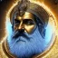 Placeholder: photo realistic, symetrical, centered, ultra detailed, digital art, in center is a portrait of highly detailed greek colossus god zeus surrounded by galaxy codes seeking knowledge, gray beard, crown filled with crystals, detailed face with human skin color, eyes filled with galaxy, dominating colors = gray light blue and dark gold, lightning, smoke,