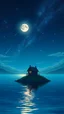 Placeholder: anime style, small cottage in long distance , middle of the water, night moon , stars, meteor