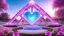 Placeholder: magic brightness piramidal structure coloured of light and bluebeam with an heart at the interior. the bakground is in a fairy lawn with pink flowers, crystal and a with lightness sky
