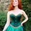 Placeholder: princess with long auburn hair in a big teal green and gold satin ballgown corset off shoulder top in a castle