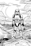 Placeholder: outline art Storm trooper in the desert, high-detail, dramatic lighting, digital art coloring pages with witch, white background, Sketch style, full body, use outline, Mandala style, clean line art, white background, no shadows and clear and well