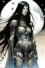 Placeholder: pale female with long black hair, wearing metal armor, whole body. A soft-focus image of the silver moonrise casting a cool glow, create in inkwash and watercolor, in the comic book art style of Mike Mignola, Bill Sienkiewicz and Jean Giraud Moebius, highly detailed, gritty textures,