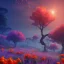 Placeholder: silhouette, monde en fleurs, concept art, crépuscule , bleu oranger, vibrant Color, réaliste