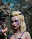 Placeholder: Ultra realistic afternoon photo, happy couple, blonde Alice woman and purple cat smoking a pipe, circus blue dress style, black headband with bow, old school body tattoo, smoke, marihuana garden, glow eyes, perfect iris, soft color, highly detailed, unreal engine 5, ray tracing, RTX, lumen lighting, ultra detail, volumetric lighting, high definition.