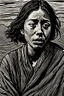 Placeholder: create an abstract, deeply powerful tragic, heart wrenching, and evocative, full body woodcut of an anguished and grief stricken young refugee woman with highly detailed and deeply cut facial features, lost in a horrific post apocalyptic Gaza, in the style of KATHE KOLLWITZ and PAUL GAUGUIN, searing lines and forceful strokes, semi photo realism