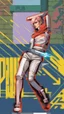 Placeholder: teen woman in retro-futurist cyberpunk costuming with pants and sheathed swords leaning to the side with shoulder against a brick pillar, add a background of brick with graffiti of a large arrow pointing to the right and text of the word "PUB" on lower left