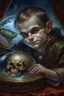 Placeholder: book cover illustration, oil painting portrait of metallic sleeping slightly cute smirking vampire holding small earth on a platter, bokeh , high detail, smooth render, prize winning, down light, depth of field