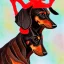 Placeholder: black and brown dachshund in a reindeer costume profile impressionism