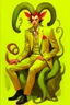 Placeholder: Satyr with cloven hooves, horns, and a tail who is wearing a designer silk suit by Pucci; neo-surrealism