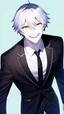 Placeholder: plauge doctor in balck leather coat and suit with silver hair, pale skin and bright green eyes smiling with sharp teeth, nice young face, male, viscious smile