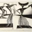 Placeholder: drawn in single line by Nicolai Blatter with hatch with parallel wavy lines metal engraving with african man dance procession in salvador dali style or picasso style