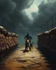 Placeholder: Bosch painting style, nightmare , prisoners lined up in circle , one after another , in the middle a guard with a dog , great quality picture with cinematic scenes , heavy clouds in the background
