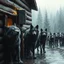 Placeholder: one large hammer breaks the wall of the wooden house. A group of anthropomorphic wolves react in surprise in the background other anthropomorphic wolves watch the scene unfold with expressions of shock and with surprise faces. high realistic, detailed,dark fantasy mood, rain, cinematic