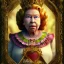 Placeholder: "Queen of Hearts" book young man character of "Alice in the wonderland". Fat,old woman,Detailed face, detailed eyes, Realistic lighting,elegant dress,sarcastic smile,.behance contest winner, generative art, baroque, intricate patterns, fractalism, movie still, cartoon.style by Disney,Chie Yoshii,earnst haeckel,james jean.