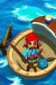 Placeholder: Cartoony Captain Jack Sparrow sailing on a small boat, in the middle of blue oceans, Legend Of Zelda: Wind Waker style, stylized, colorful, adventurous.