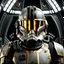 Placeholder: star wars bald male corellian pilot wearing gunmetal grey and black First Order special forces TIE pilot armored flightsuit and helmet with gold trim inside the jedi temple, centered head and shoulders portrait, hyperdetailed, dynamic lighting, hyperdetailed background, 8k resolution, volumetric lighting, light skin, fully symmetric details