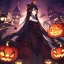 Placeholder: Clear focus, high resolution, black long fluffy hair, red eyes, wearing a halloween outfit