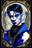 Placeholder: black haired blue eyed young man necromancer with gothic jewelry in the style of erte