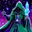 Placeholder: hooded sage with galaxy stars instead of face holding metal sceptre in crystal castle 90's tcg art