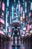 Placeholder: cute tiny robo in neo-tokyo, surrounded by lots of people towering over him, very low perspective looking up, cute eyes, unreal engine render, 8k, dark aesthetic, stunning neon lights