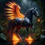 Placeholder: Hyper Realistic Crystal-Fire-horse-with-golden-horn & fire-wings inside a jungle at dark rainy night showing dramatic & cinematic ambiance.