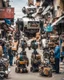 Placeholder: Junk city, many people buying a robot, street view, macro photography,