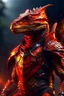 Placeholder: Humanoid lizard, red skin, fantasy armor, fire in the background.