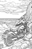 Placeholder: An eagle glides effortlessly over the immense, rugged grandeur of the Grand Riding a powerful motorcycle along a winding coastal road, the rider hugs the cliffs' edge, overlooking a tumultuous sea crashing onto jagged rocks. The sheer cliffs, relentless waves, and the motorcycle's speed highlight the exhilarating and powerful connection with the untamed coastal wilderness..coloring book page, simple and clean line art, adult drawing book, black and white, crisp black lines, no shades, sharp line