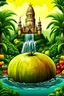 Placeholder: the juice kingdom add bottle juice in the river and write text THE JUICE KINGDOM