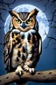 Placeholder: a horned Owl sitting on branch in oak tree with full moon behind it