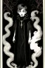 Placeholder: 7 year old boy, necromancer, friendly, looks dead, surrounded by weird smoke with eyes, wearing black robes, in the style of Harry Clarke
