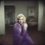 Placeholder: actress marilyn monroe , hippie girl, purple fur, in a liminal empty room, old autochrome