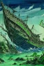 Placeholder: A bluish green shipwreck in deep underwater painted by Katsushika Hokusai