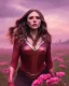 Placeholder: Feiticeira escarlate, Elizabeth Olsen, feiticeira, magia, bonita, cenário em um campo de flores, cinematográfico, dramático, por do sol, campo de flores, cores frias