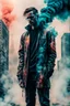 Placeholder: an impasto and tint line photo of a sad cyberpunk man standing in front of a city made of smoke, ink leak, bronze - skinned, (front view:1.6), geometric curves, featured art, philosophical splashes of colors, art brought to life, soul shock