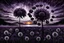 Placeholder: dark purple Sunset with big black Dandelions, , high textures, surreal style by dali, klee, bosch, weird, white-black colors, silver rain, sharp focus, splash art, intricately detailed, mystic, dark stunning mood