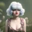 Placeholder: Clara bow with white hair, big sad eyes, flowers, in the sun