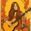 Placeholder: Vintage Hippie poster, girl with long hair and guitar, orange, pink, yellow, flowers