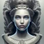 Placeholder: Oliver Barrett art style Portrait of Greek Mythology Goddess Athena " with white elegant old greek apparel and Laurel crown.extremely detailed face, ,perfectly centered image,intricate detail.dark hair, sharp dark eyes, bright blue lighting, sarcastic smile, sharp focus hair.