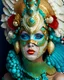 Placeholder: Beautiful woman portrait, adorned with white blue and turquoise and jade and malachite ribbed mineral stone colours and beige eggshell ocous and sea horse colour and brown and coralls red mollusk shell headdress, venetian style mollusk shell face masque and wearing sea costume armour ribbed with irridescent bioluminescense Golden dust and mollusk shell ribbed costume organic bio spinal ribbed detail of full floral and bokeh coralls sea lights mollusk shell background extremely detailed hyperreal