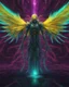 Placeholder: cosmic environment, rotten fallen archangel, ((yellow glowy eyes)), biomechanical, eerie, creepy, nightmarish, very bright colors, splash of teal and magenta, light particles, bioluminescence, Mschiffer, wallpaper art, UHD wallpaper